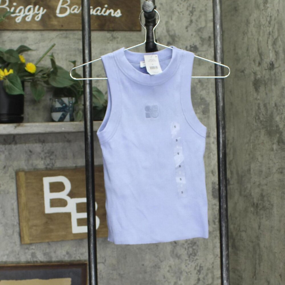 NWT Cotton On Womens Ribbed Logo Sleeveless Shirt Top Frosted Blue S